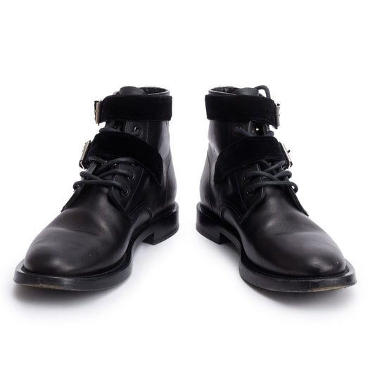 Saint Laurent Black Leather Studded Combat Ankle Boots, Size 37.5