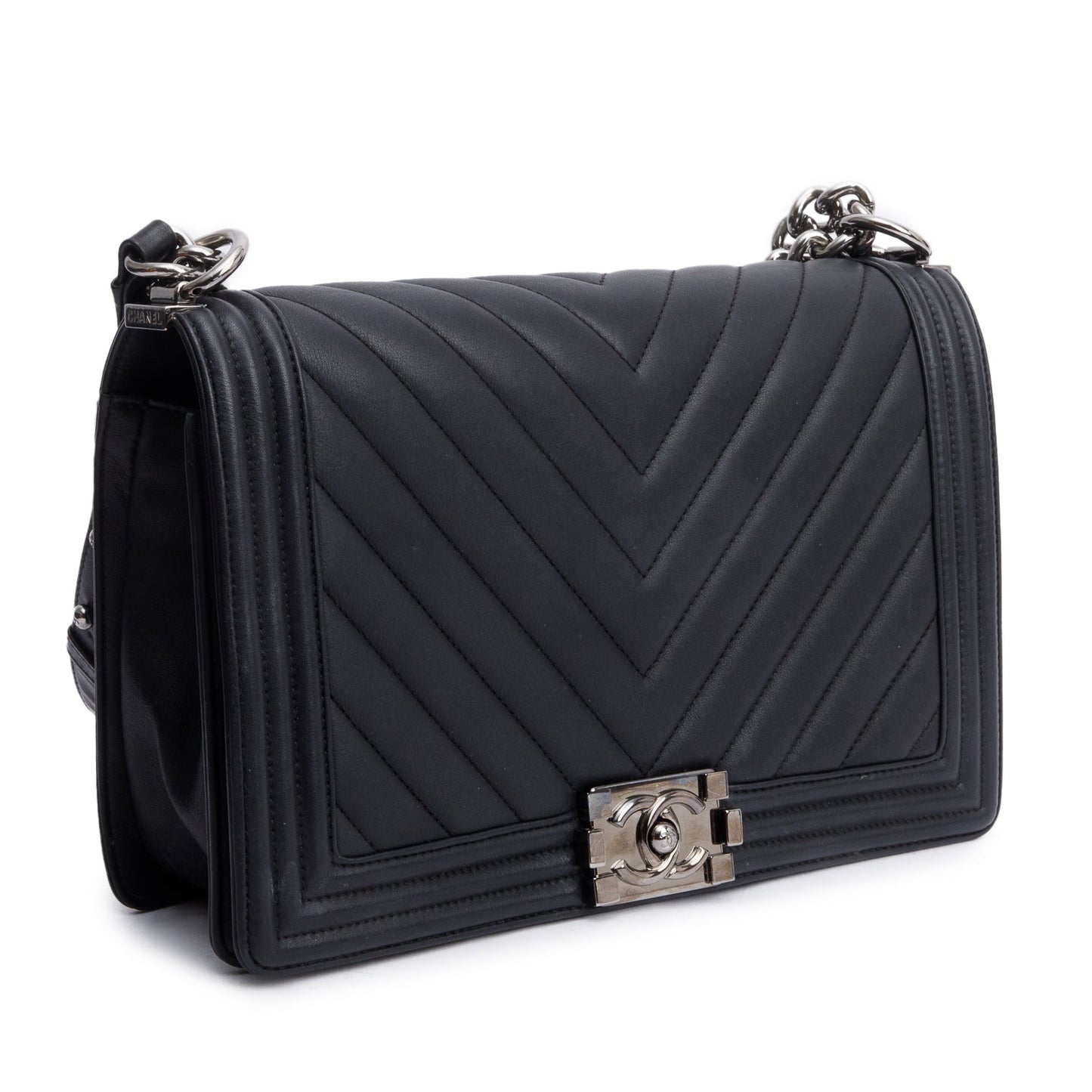 Chanel Black Chevron Quilted Lambskin Leather Large Boy Bag