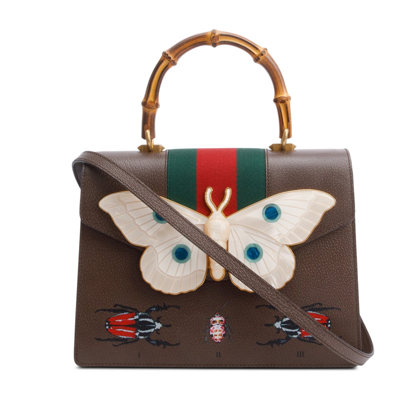 Gucci Brown Leather Mother of Pearl Felena Bamboo Medium Top Handle Bag