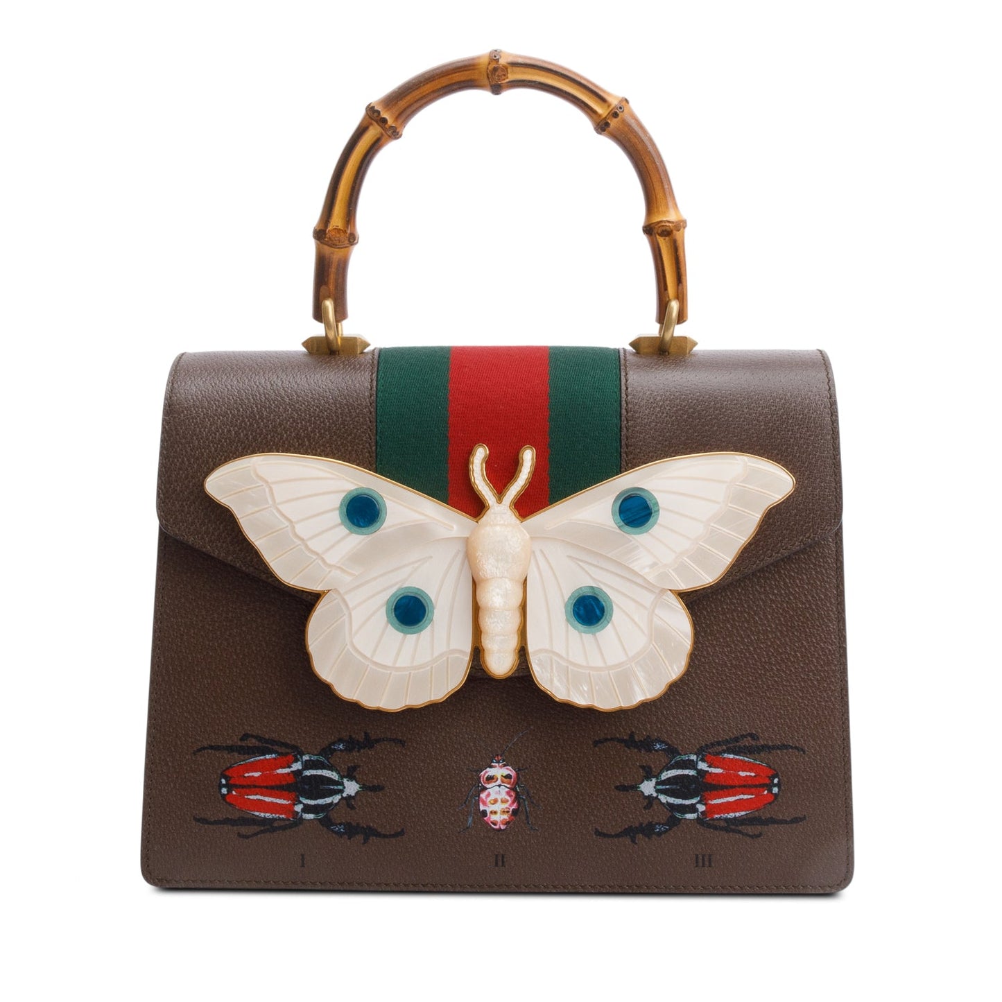 Gucci Brown Leather Mother of Pearl Felena Bamboo Medium Top Handle Bag