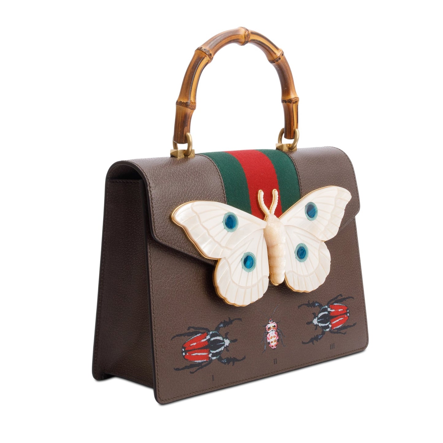 Gucci Brown Leather Mother of Pearl Felena Bamboo Medium Top Handle Bag