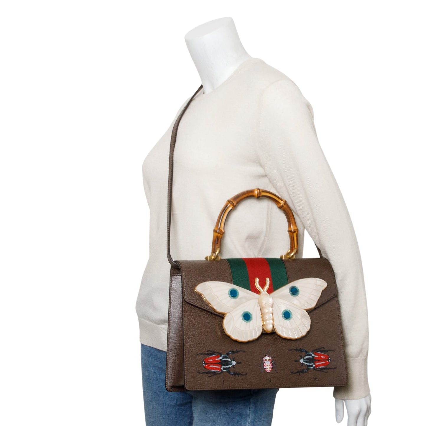 Gucci Brown Leather Mother of Pearl Felena Bamboo Medium Top Handle Bag