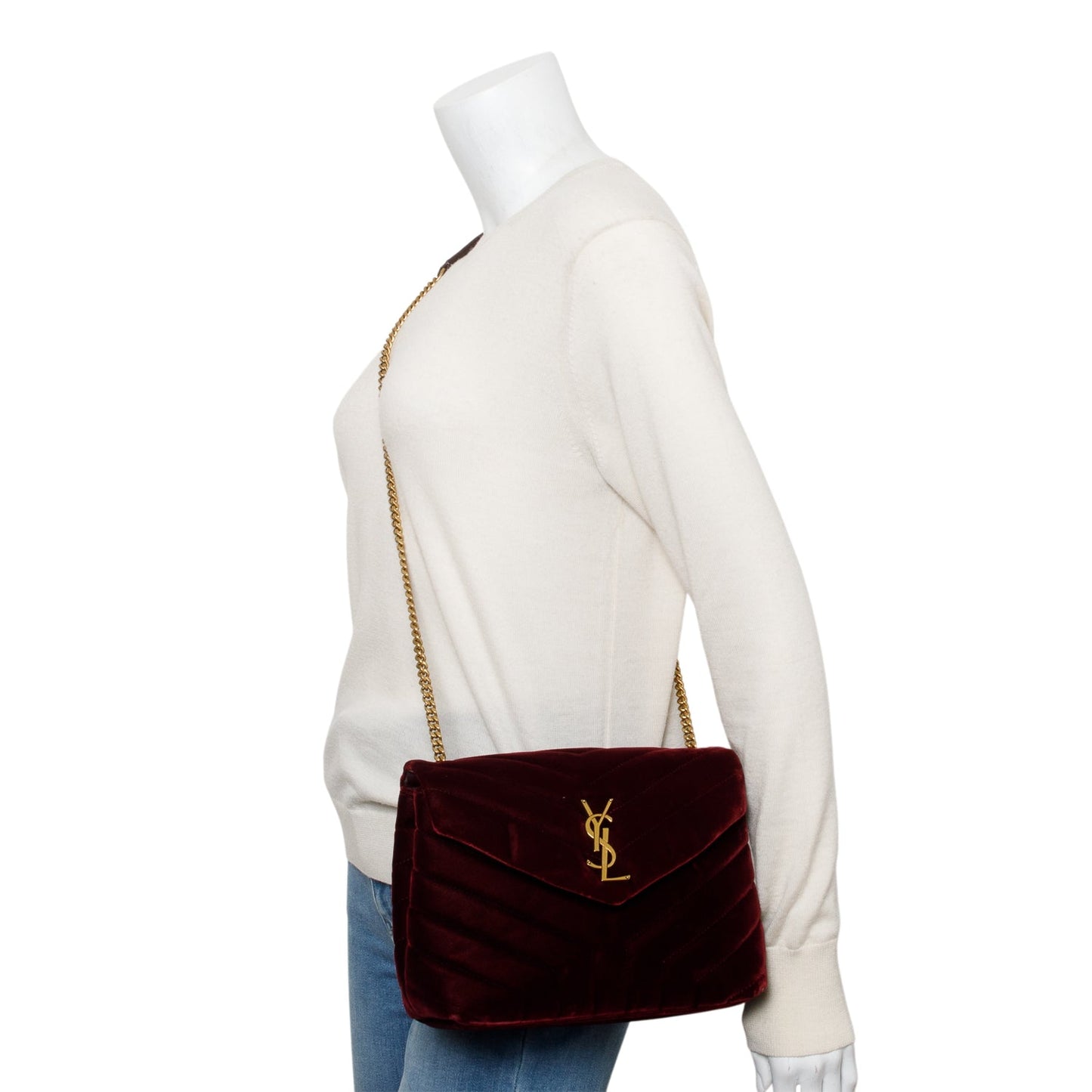 Saint Laurent Burgundy Quilted Velvet Small Loulou Shoulder Bag