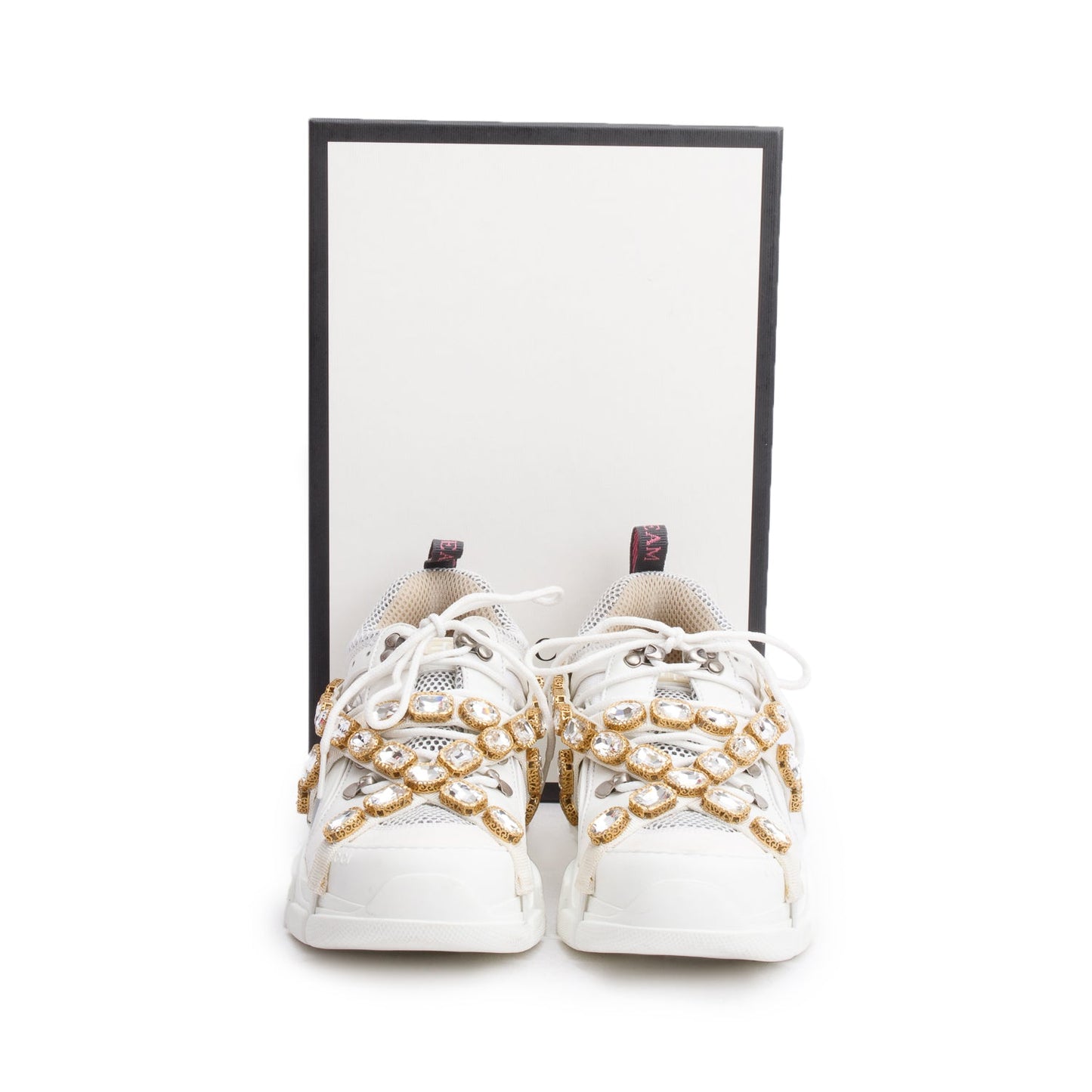 Gucci White Leather Crystal Flashtrek Chunky Sneakers, Size 40