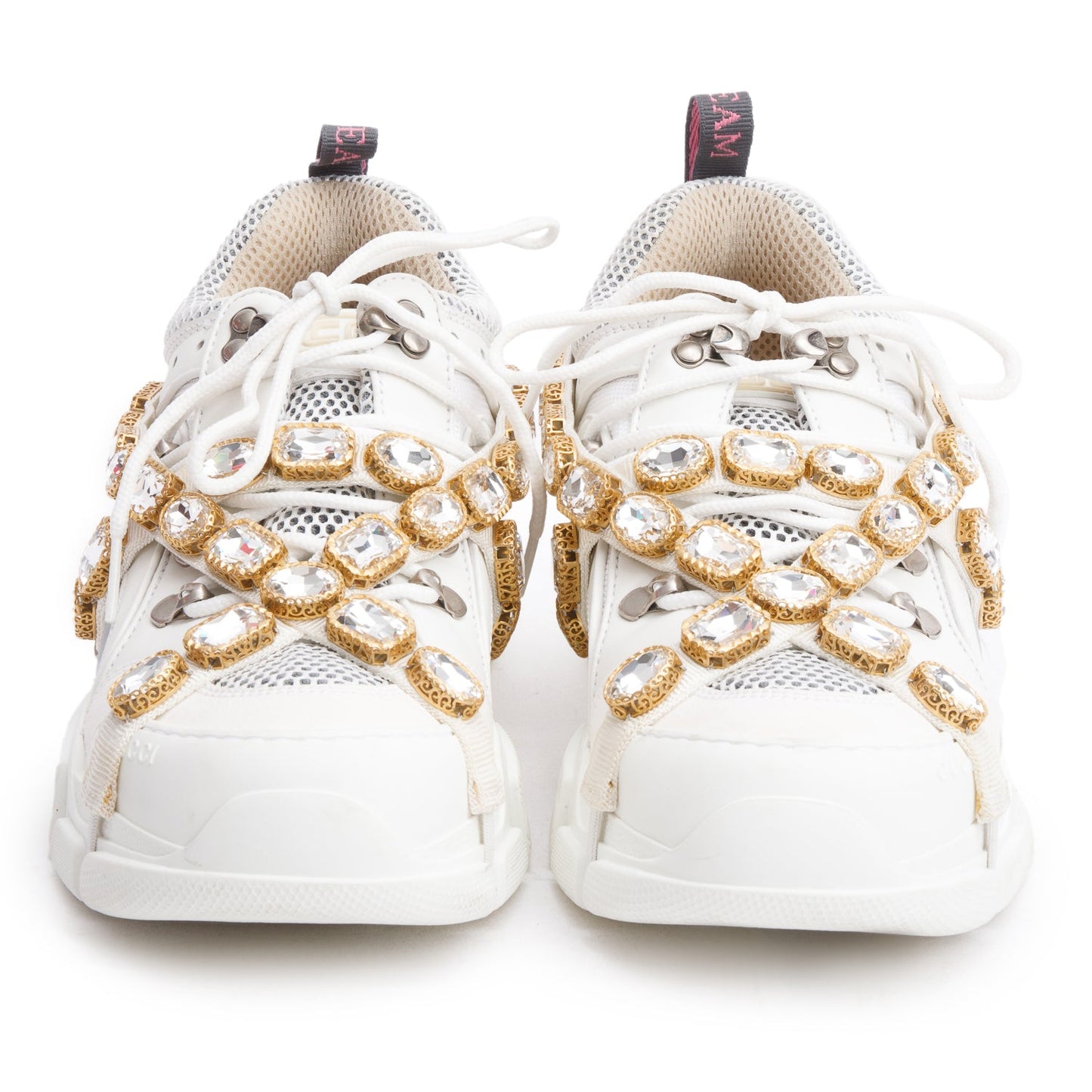 Gucci White Leather Crystal Flashtrek Chunky Sneakers, Size 40