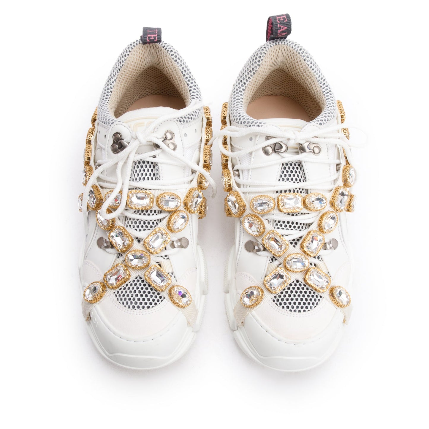 Gucci White Leather Crystal Flashtrek Chunky Sneakers, Size 40