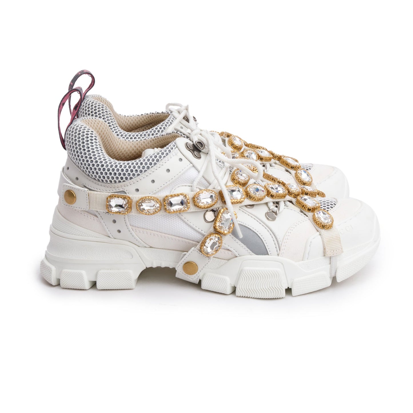 Gucci White Leather Crystal Flashtrek Chunky Sneakers, Size 40