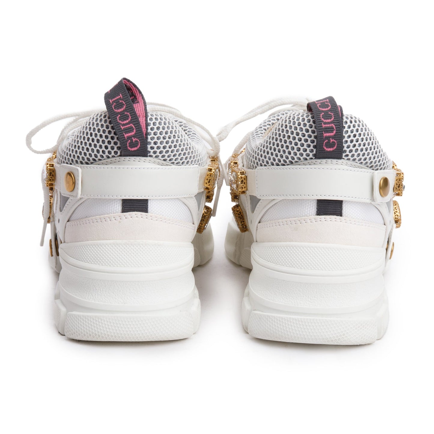 Gucci White Leather Crystal Flashtrek Chunky Sneakers, Size 40