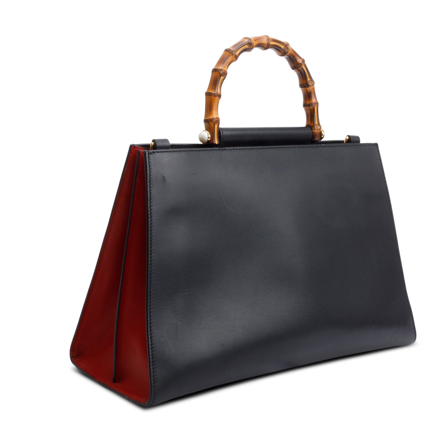 Gucci Black Leather Bamboo Large Nymphaea Handle Bag