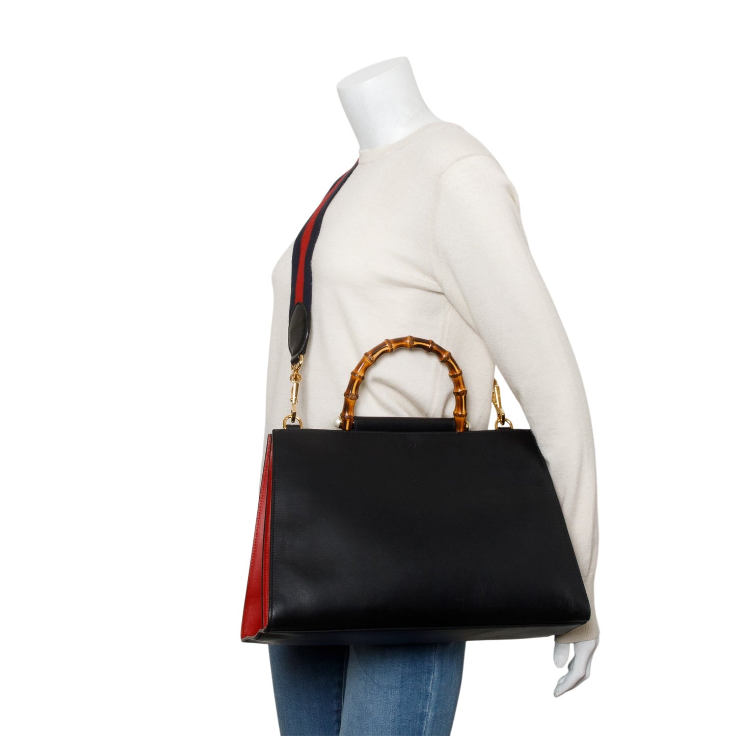 Gucci Black Leather Bamboo Large Nymphaea Handle Bag