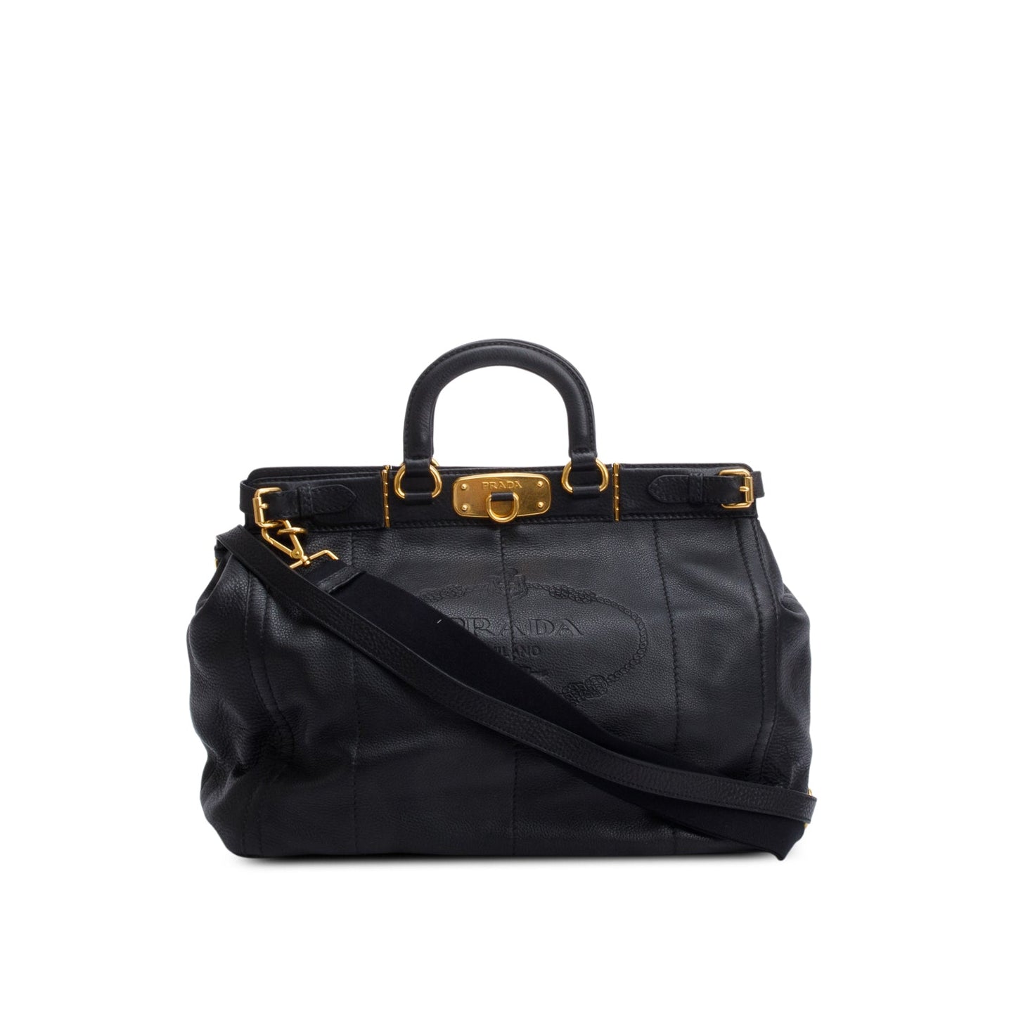Prada Black Vitello Daino Leather Borsa Carniera Logo Frame Tote