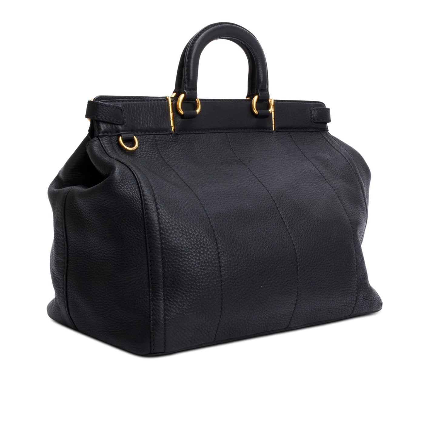 Prada Black Vitello Daino Leather Borsa Carniera Logo Frame Tote