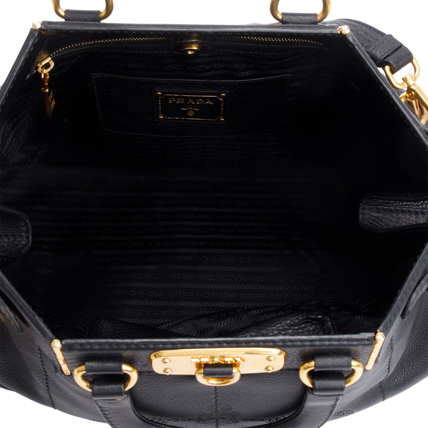 Prada Black Vitello Daino Leather Borsa Carniera Logo Frame Tote