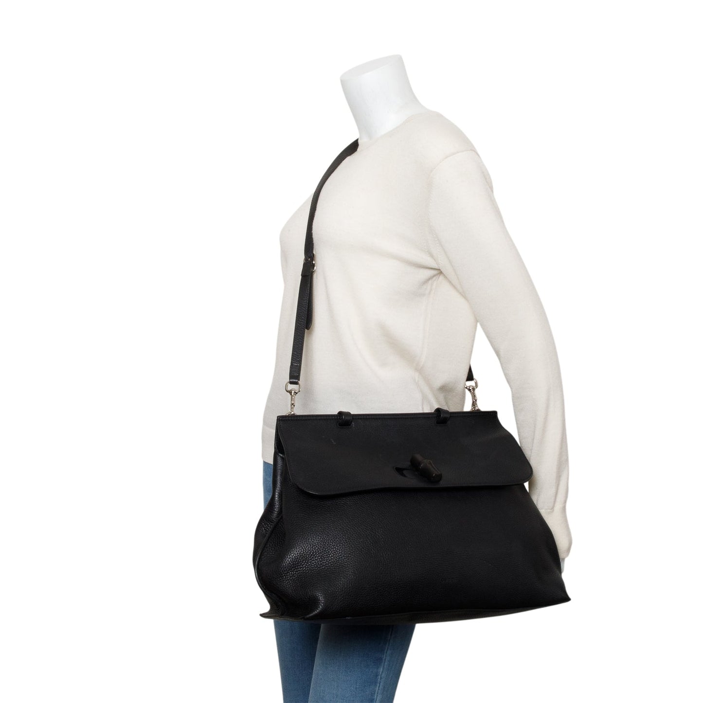Gucci Black Calfskin Leather Large Bamboo Daily Top Handle Bag