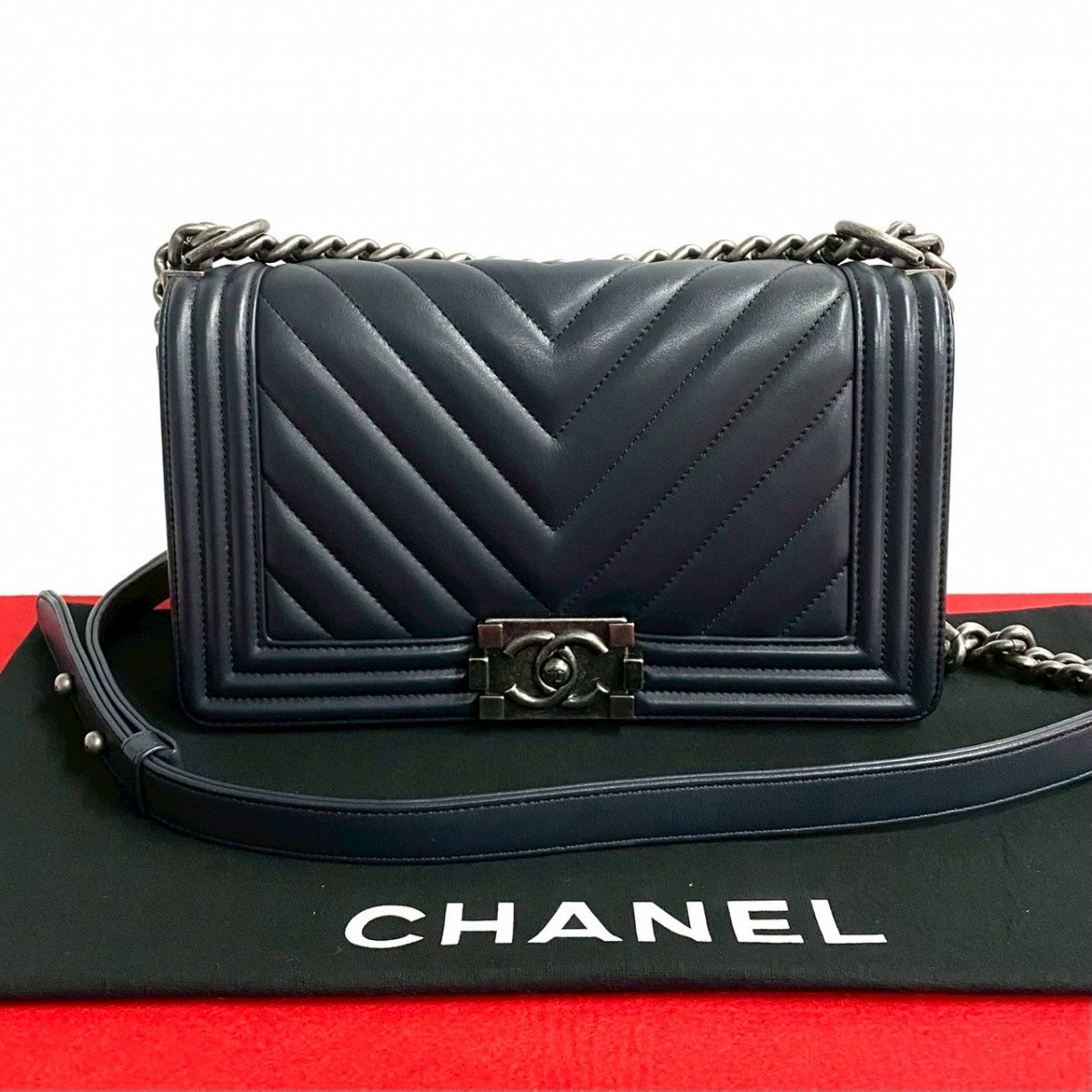 CHANEL Shoulder Bag leather Navy COCO Mark Restitch Boy chanel Women