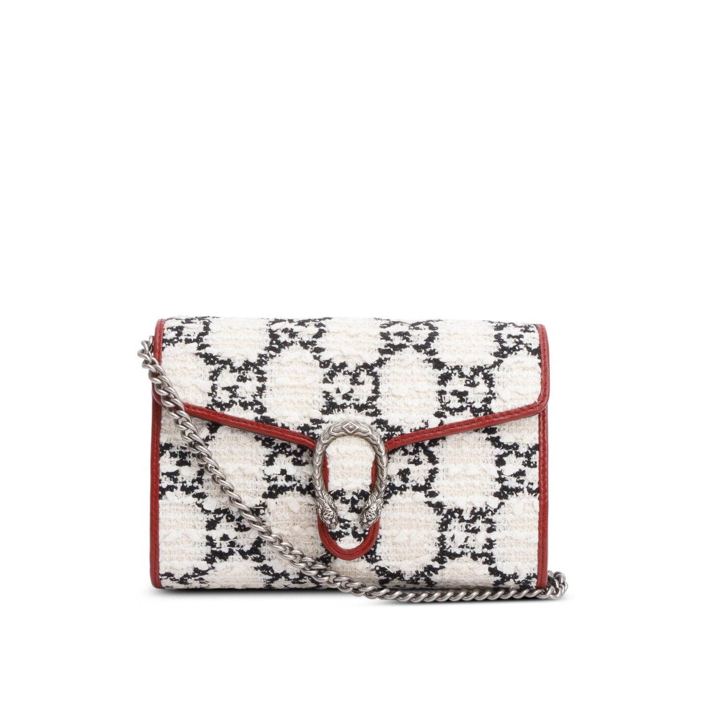 Gucci White/Blue GG Tweed Red Leather Trim Dionysus GG Supreme Wallet on Chain