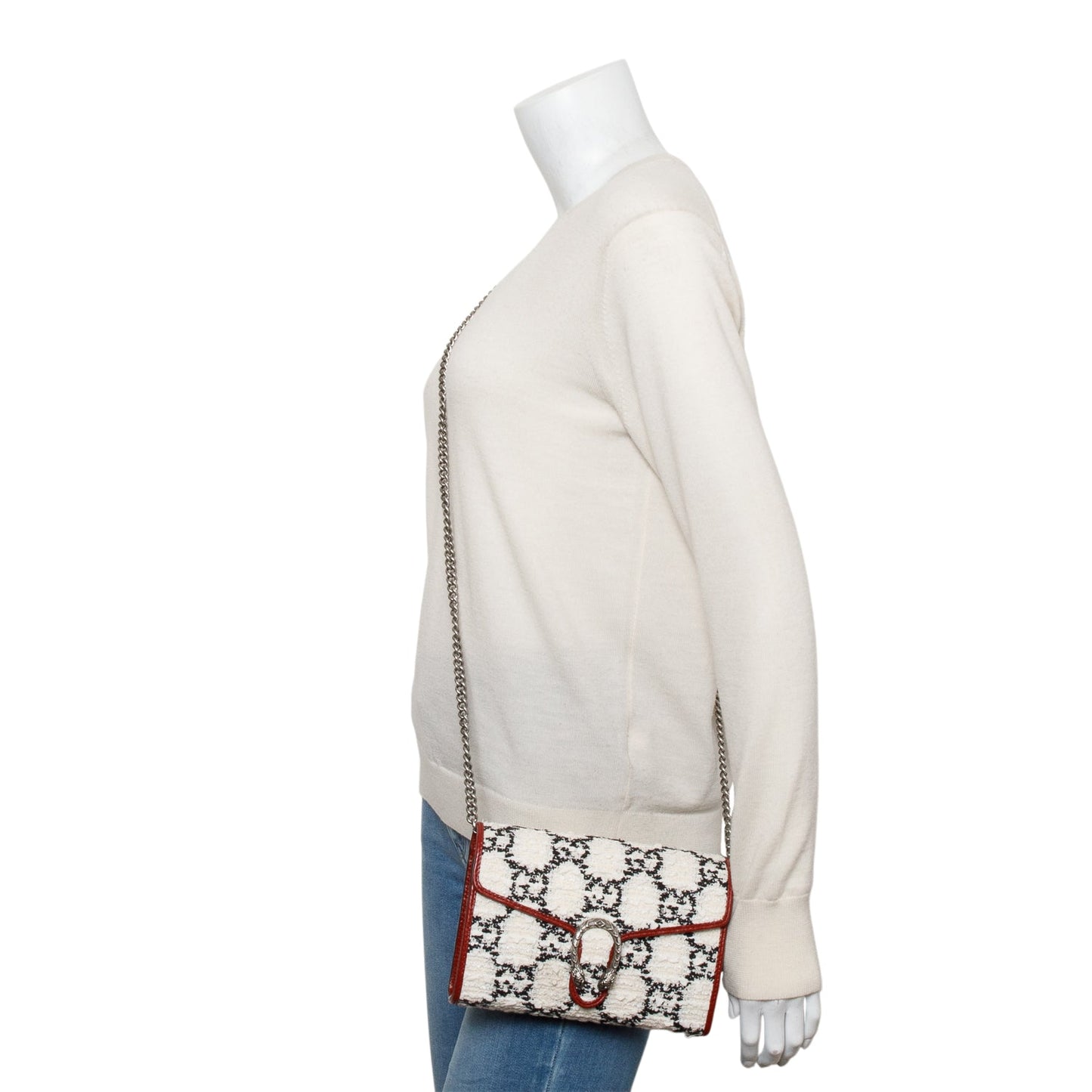 Gucci White/Blue GG Tweed Red Leather Trim Dionysus GG Supreme Wallet on Chain