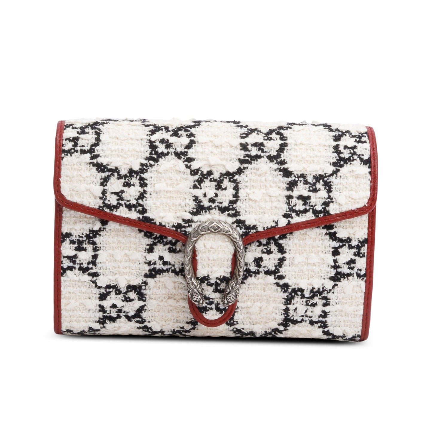 Gucci White/Blue GG Tweed Red Leather Trim Dionysus GG Supreme Wallet on Chain