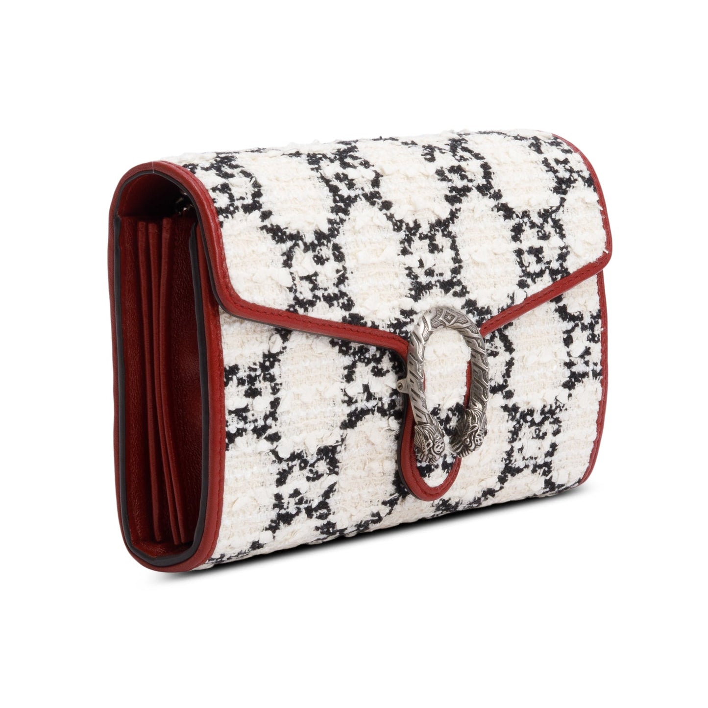 Gucci White/Blue GG Tweed Red Leather Trim Dionysus GG Supreme Wallet on Chain