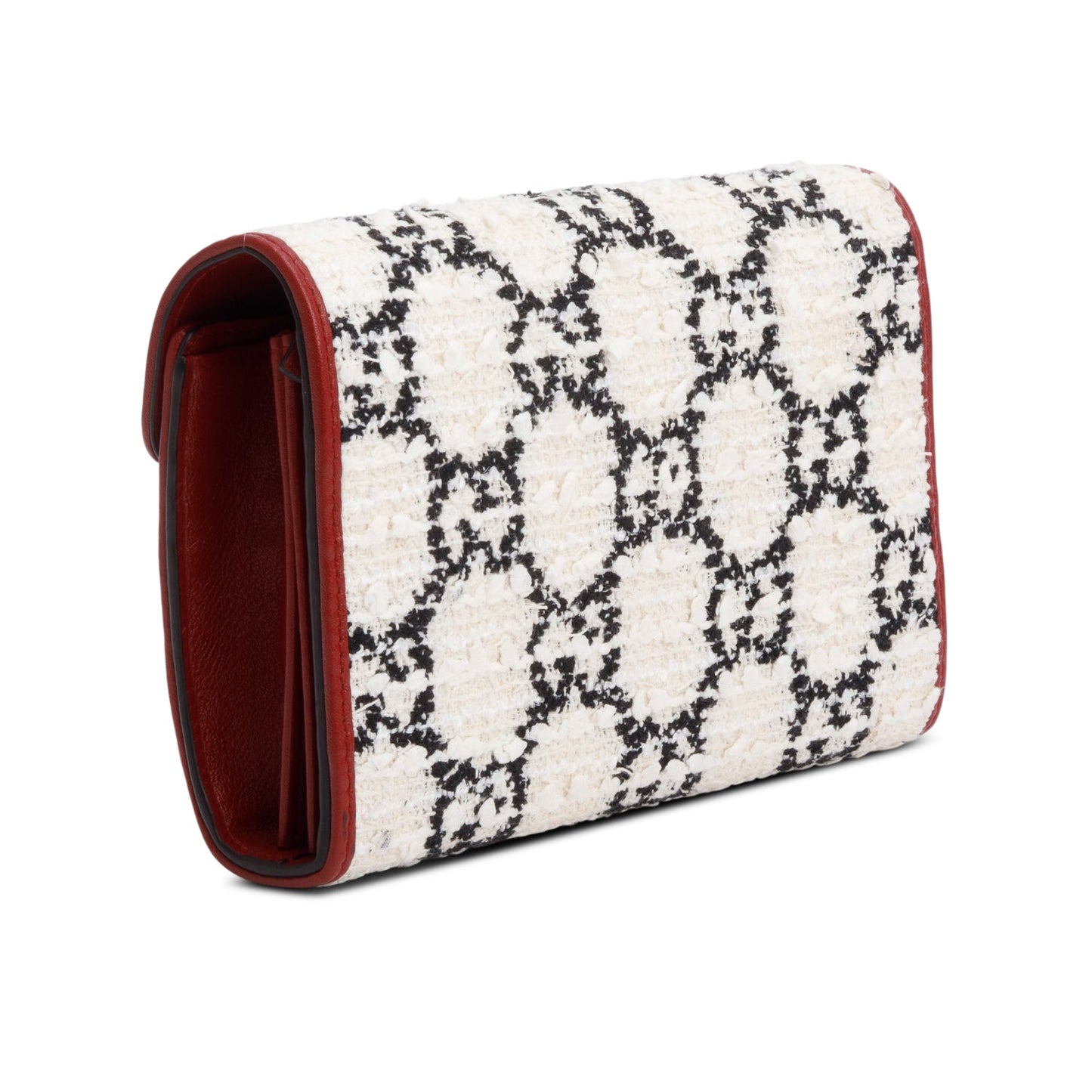 Gucci White/Blue GG Tweed Red Leather Trim Dionysus GG Supreme Wallet on Chain