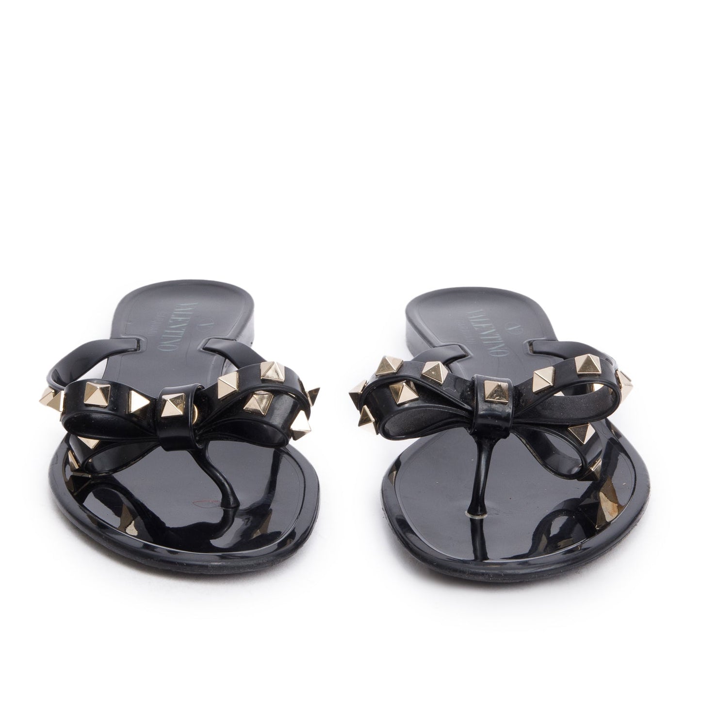 Valentino Black Rubber Bow Rockstud Jelly Thong Sandals, Size 37