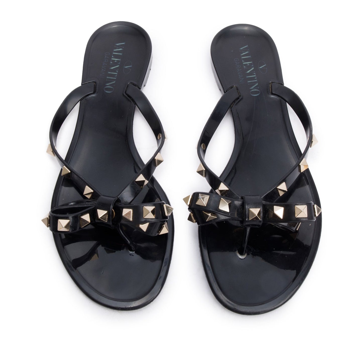 Valentino Black Rubber Bow Rockstud Jelly Thong Sandals, Size 37