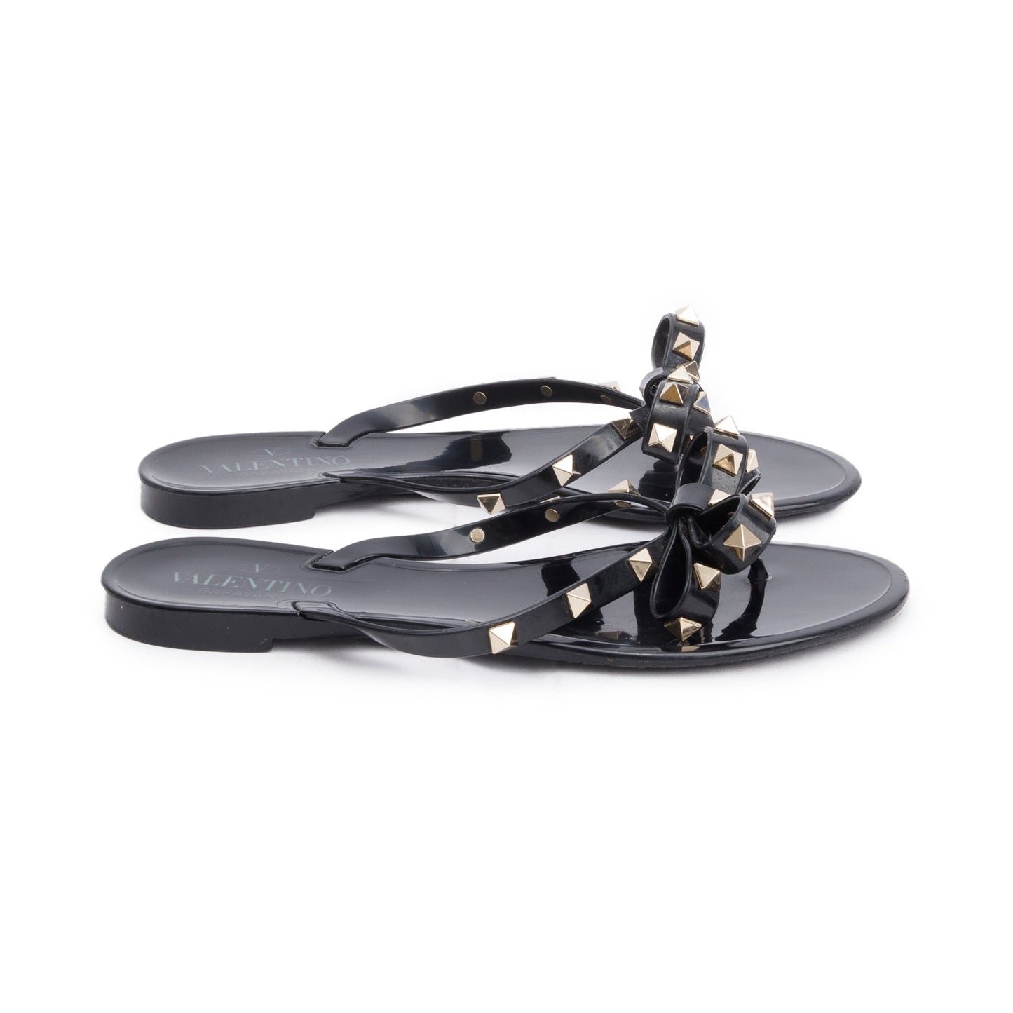 Valentino Black Rubber Bow Rockstud Jelly Thong Sandals, Size 37
