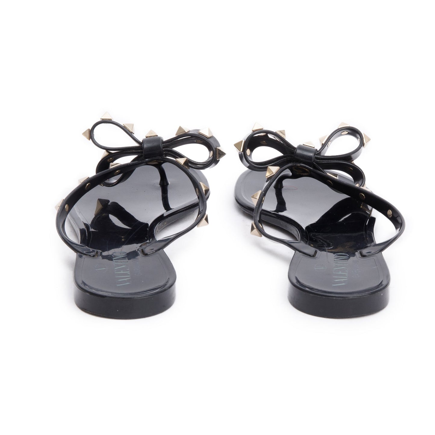 Valentino Black Rubber Bow Rockstud Jelly Thong Sandals, Size 37