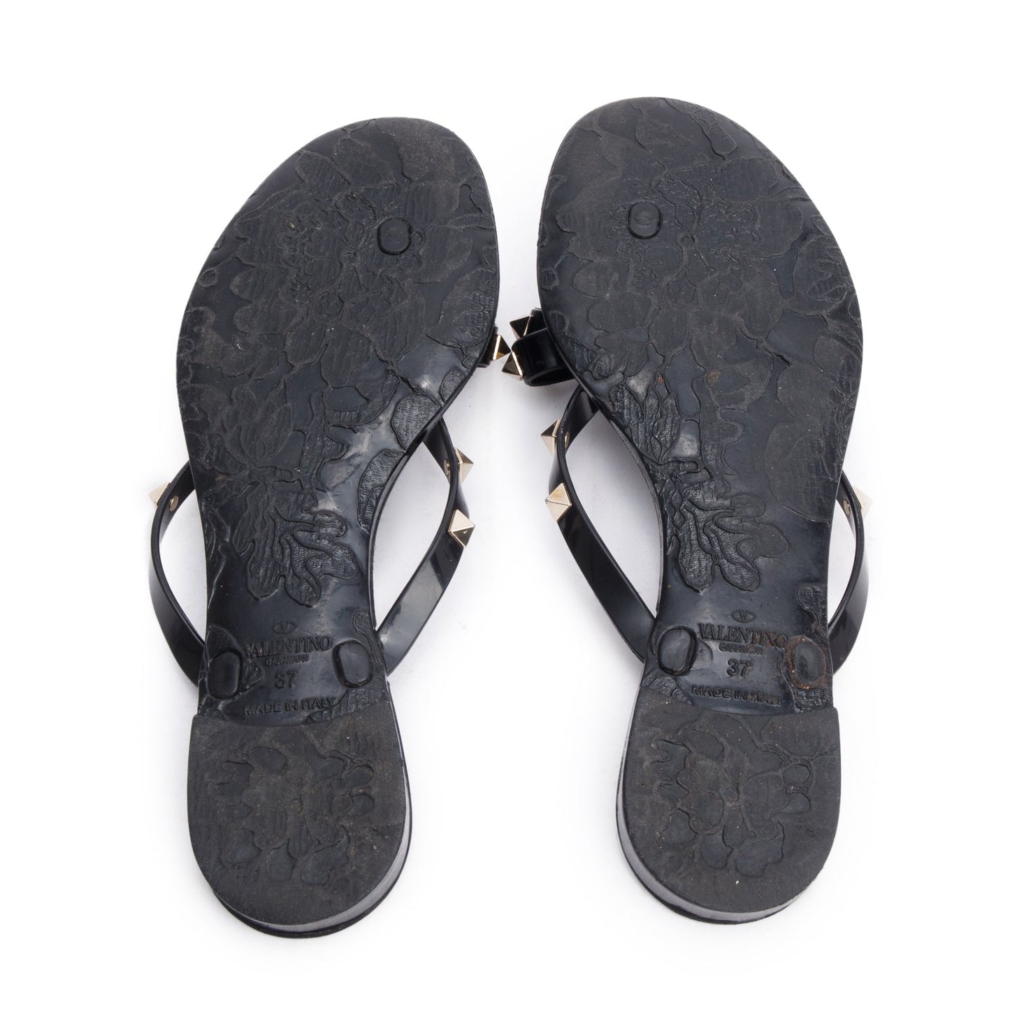 Valentino Black Rubber Bow Rockstud Jelly Thong Sandals, Size 37