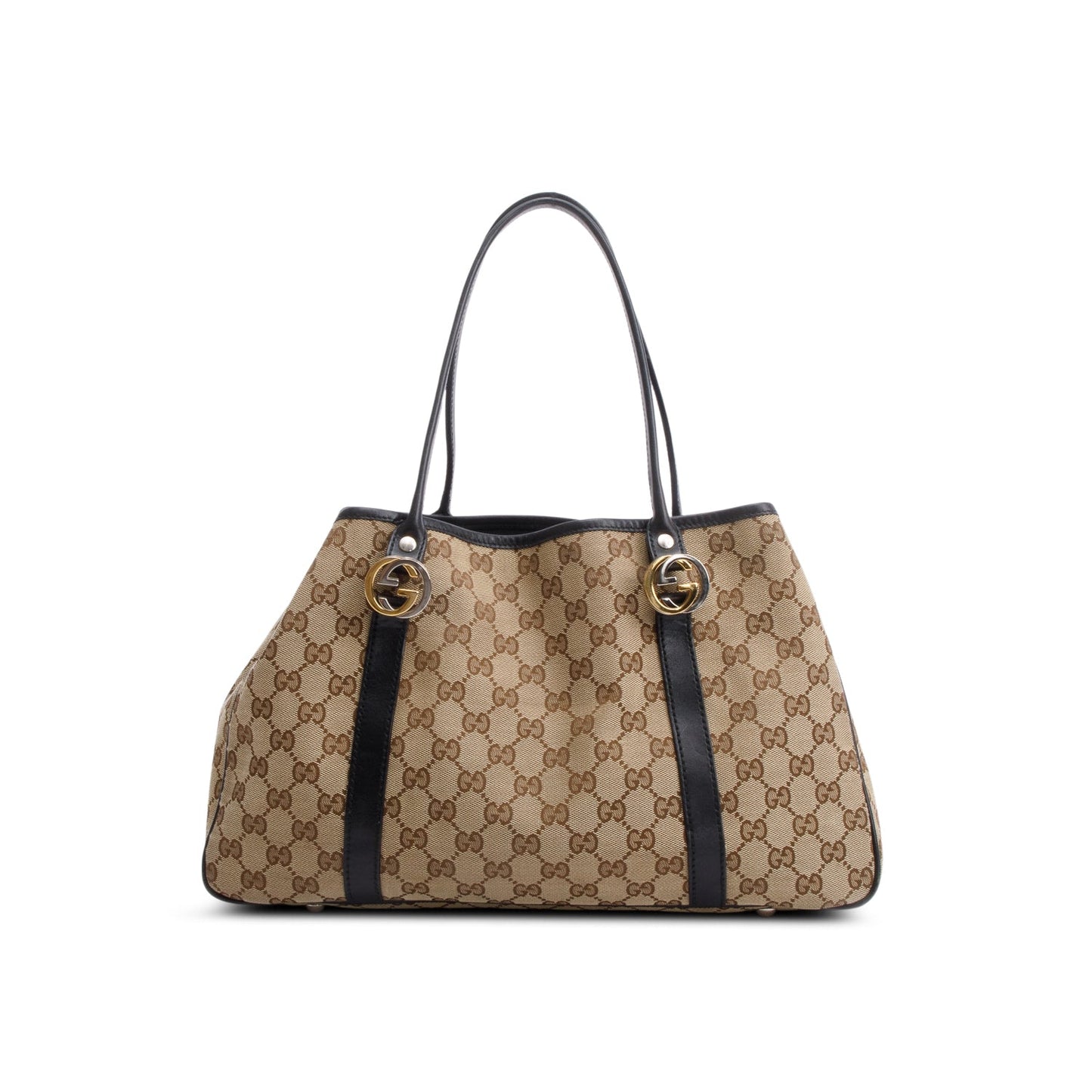 Gucci Brown Leather Trim GG Canvas Medium Twin Tote