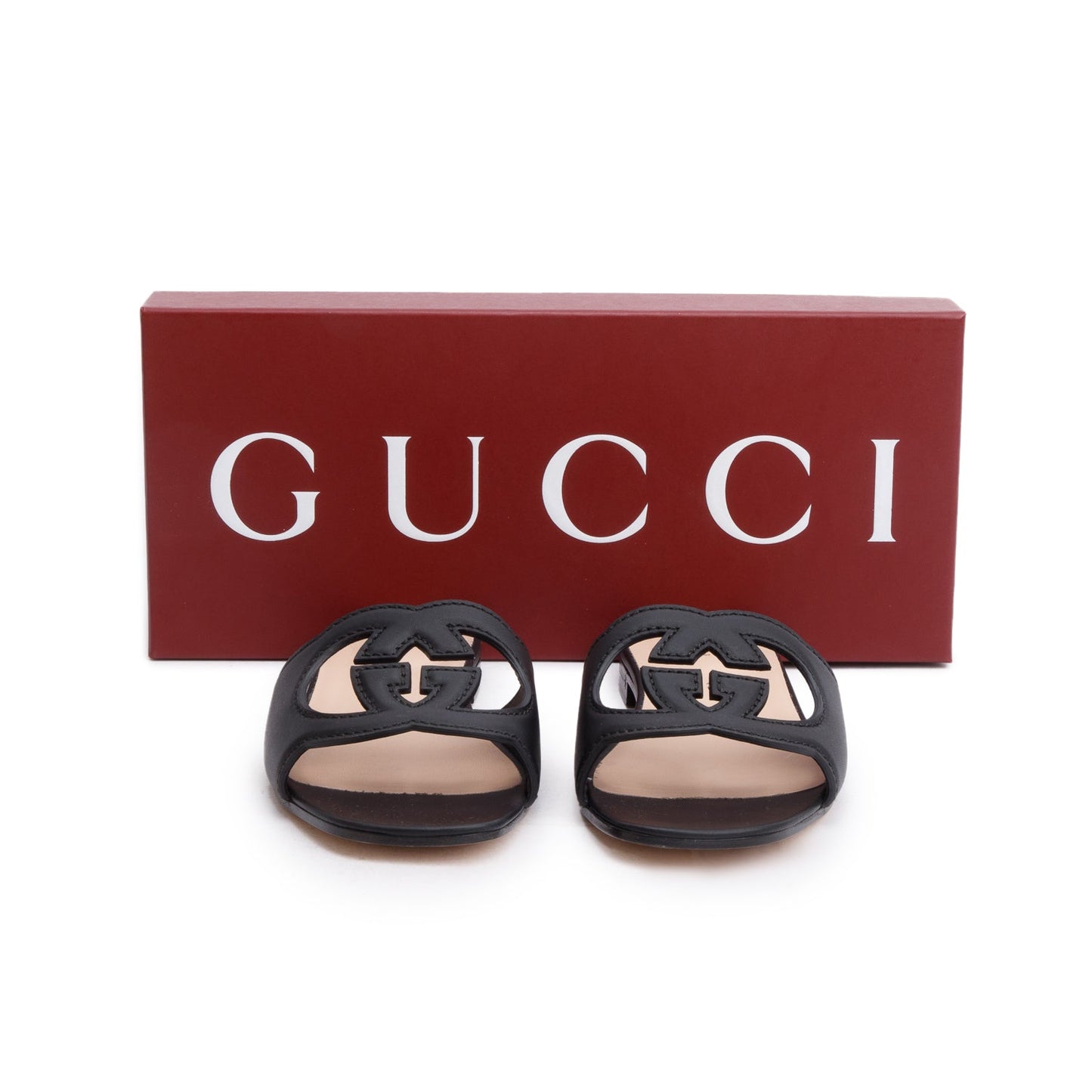 Gucci 2025 Black Leather Interlocking G Cutout Slide Sandals, Size 38.5