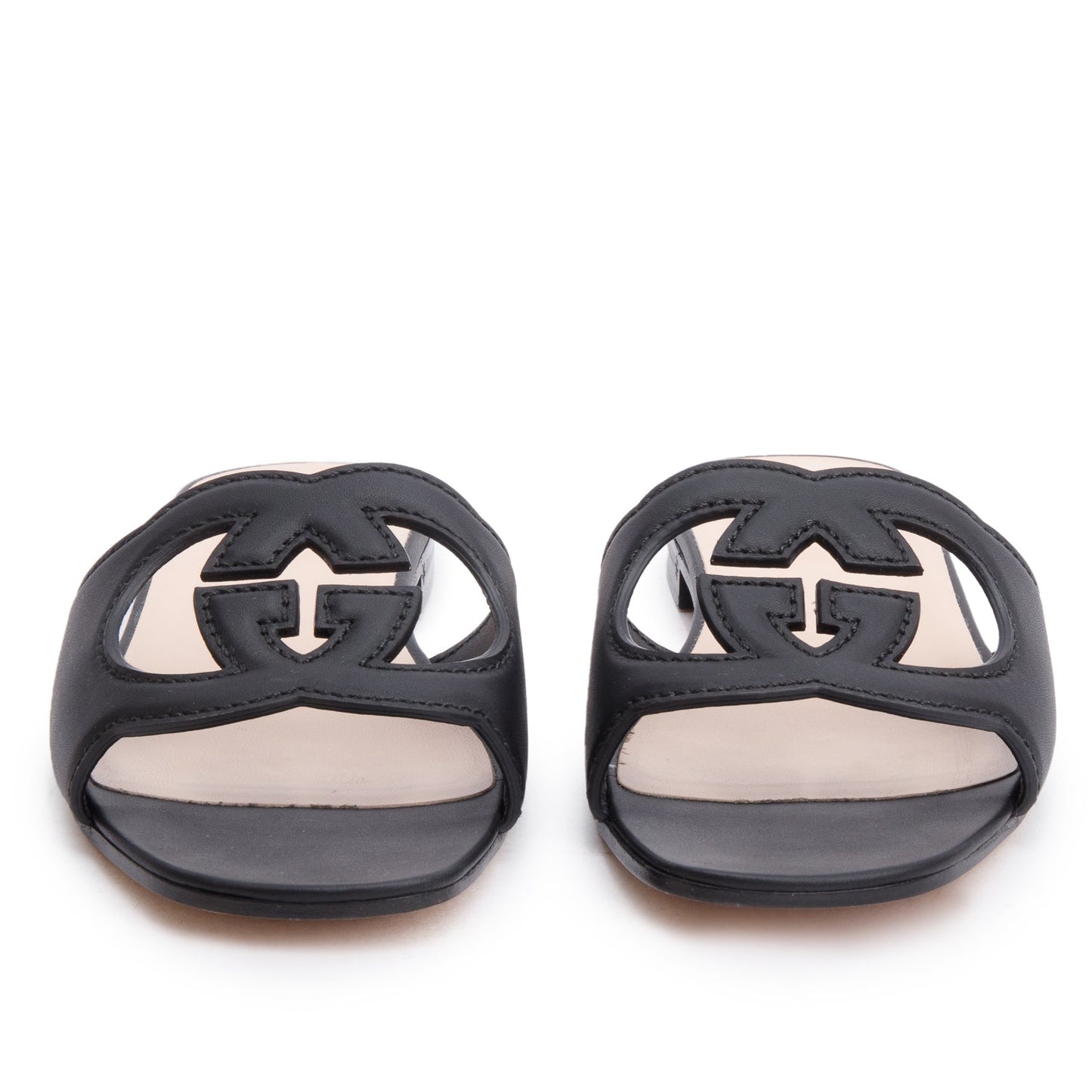 Gucci 2025 Black Leather Interlocking G Cutout Slide Sandals, Size 38.5