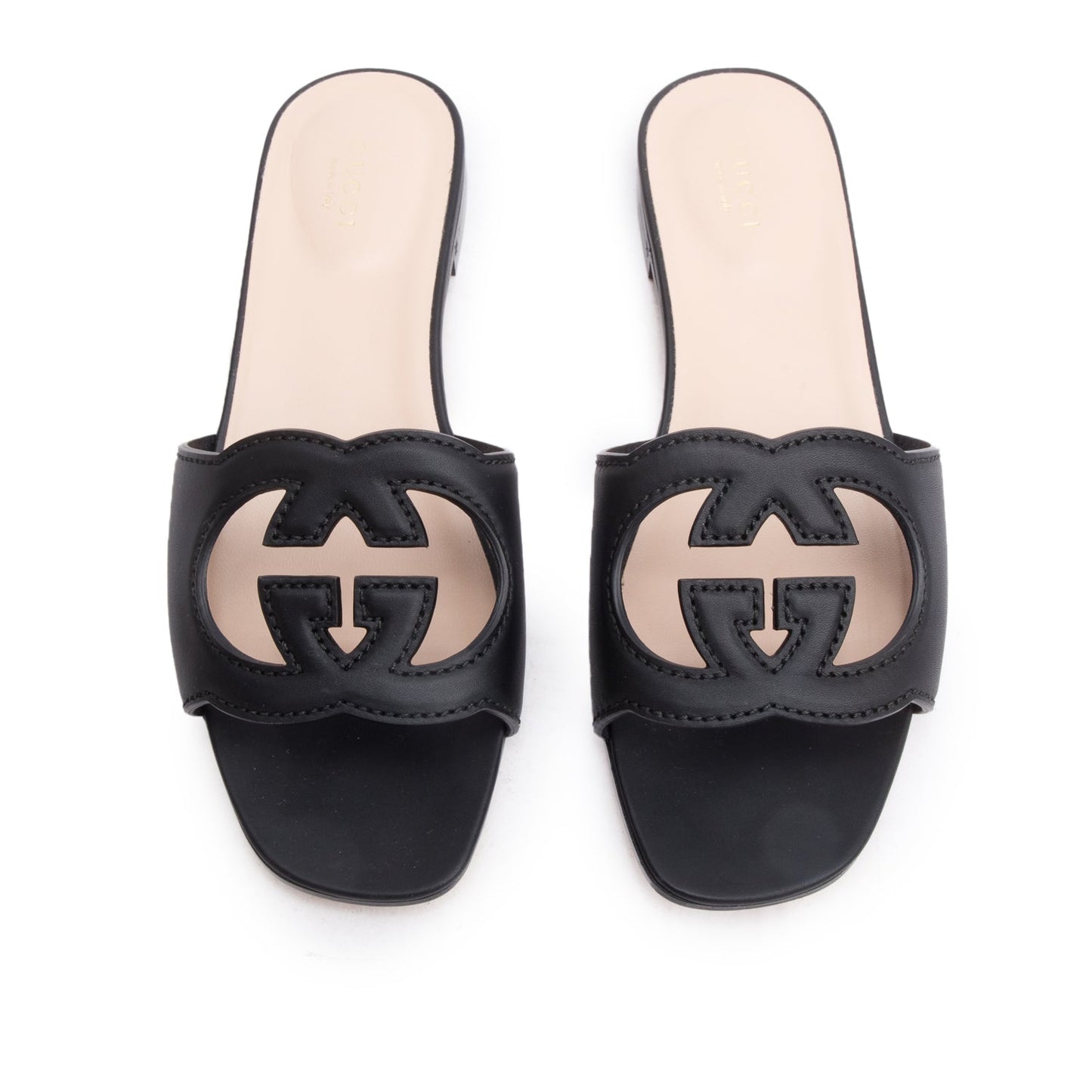 Gucci 2025 Black Leather Interlocking G Cutout Slide Sandals, Size 38.5