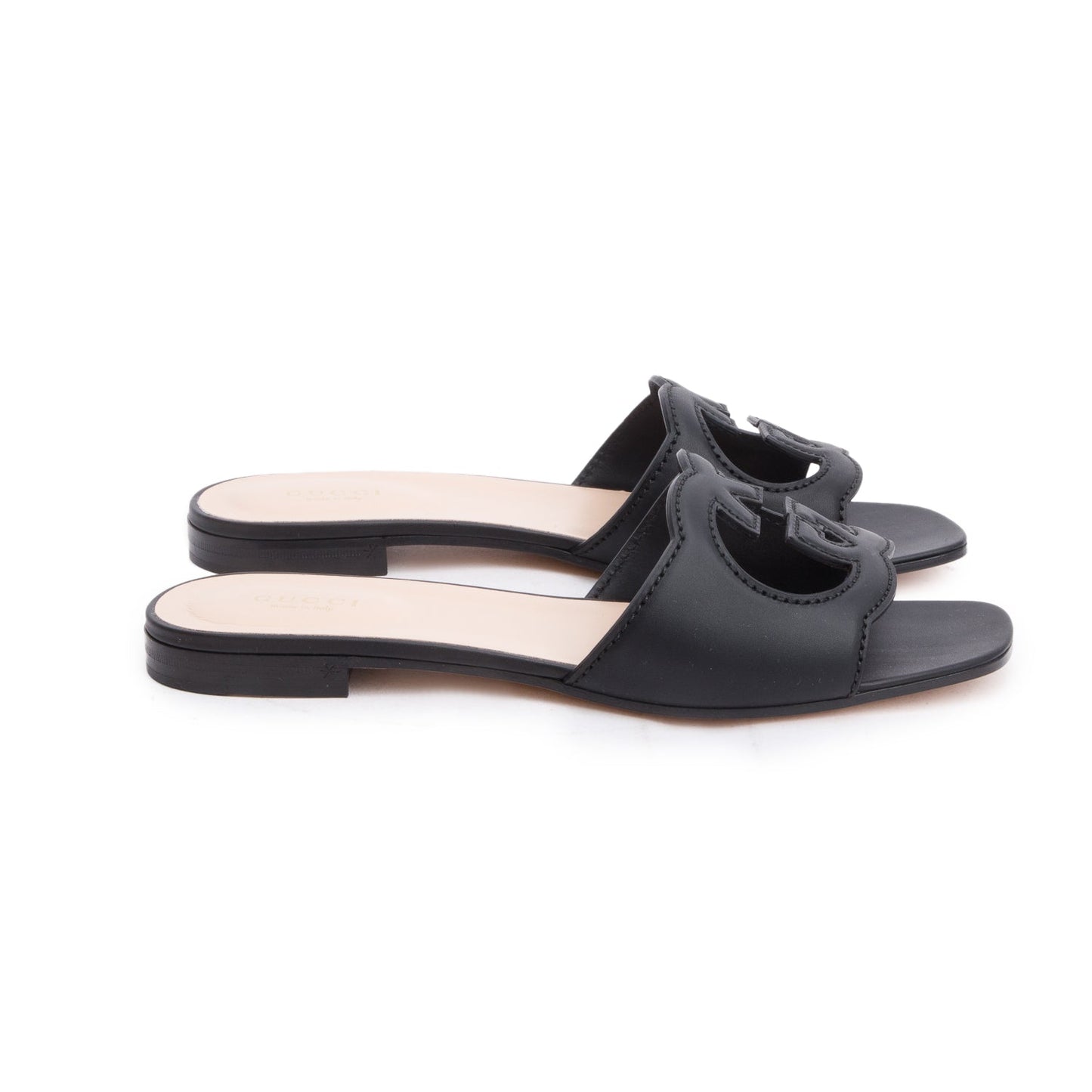 Gucci 2025 Black Leather Interlocking G Cutout Slide Sandals, Size 38.5