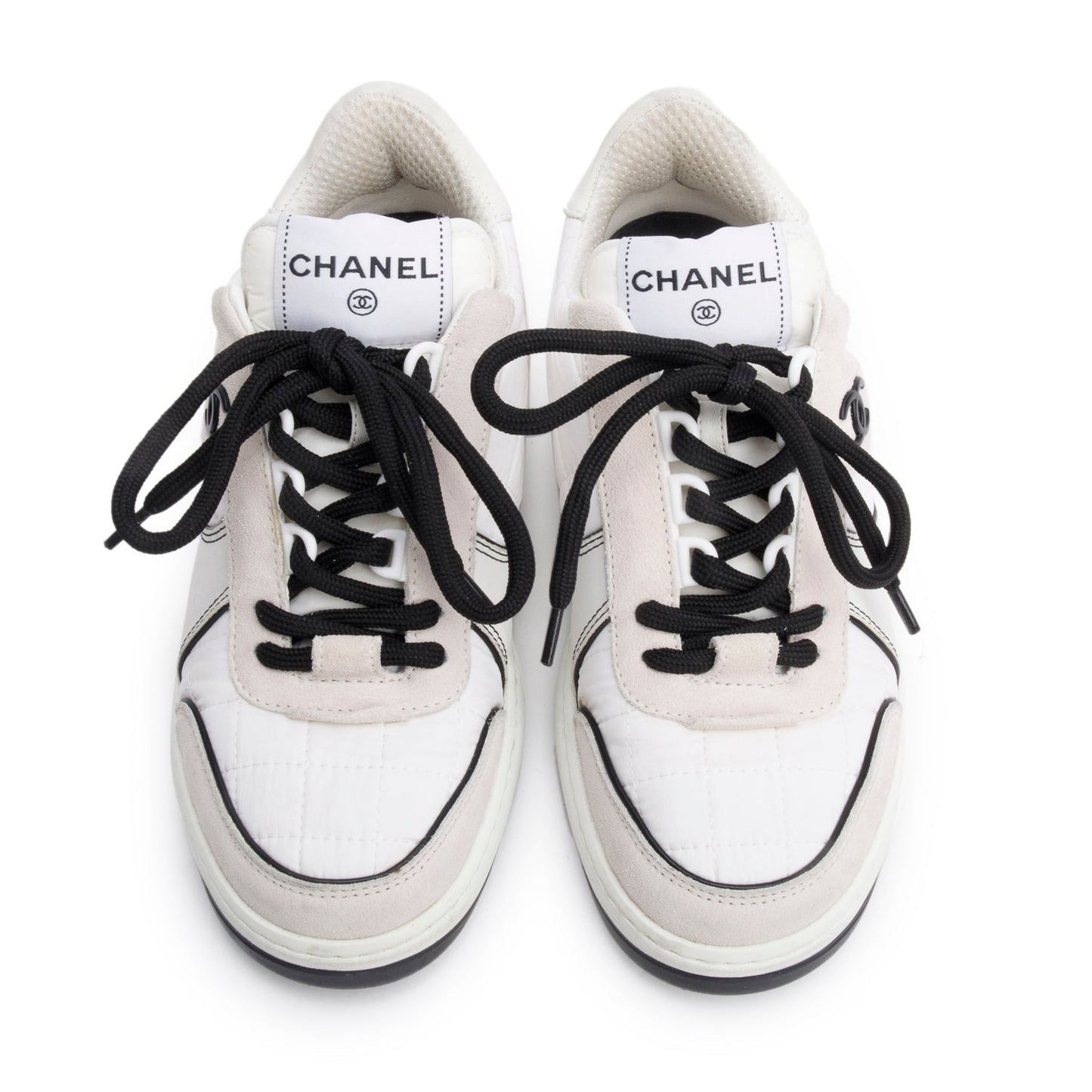 Chanel White Calfskin Nylon Black/Pink Suede CC Logo Tennis Sneakers, Size 35