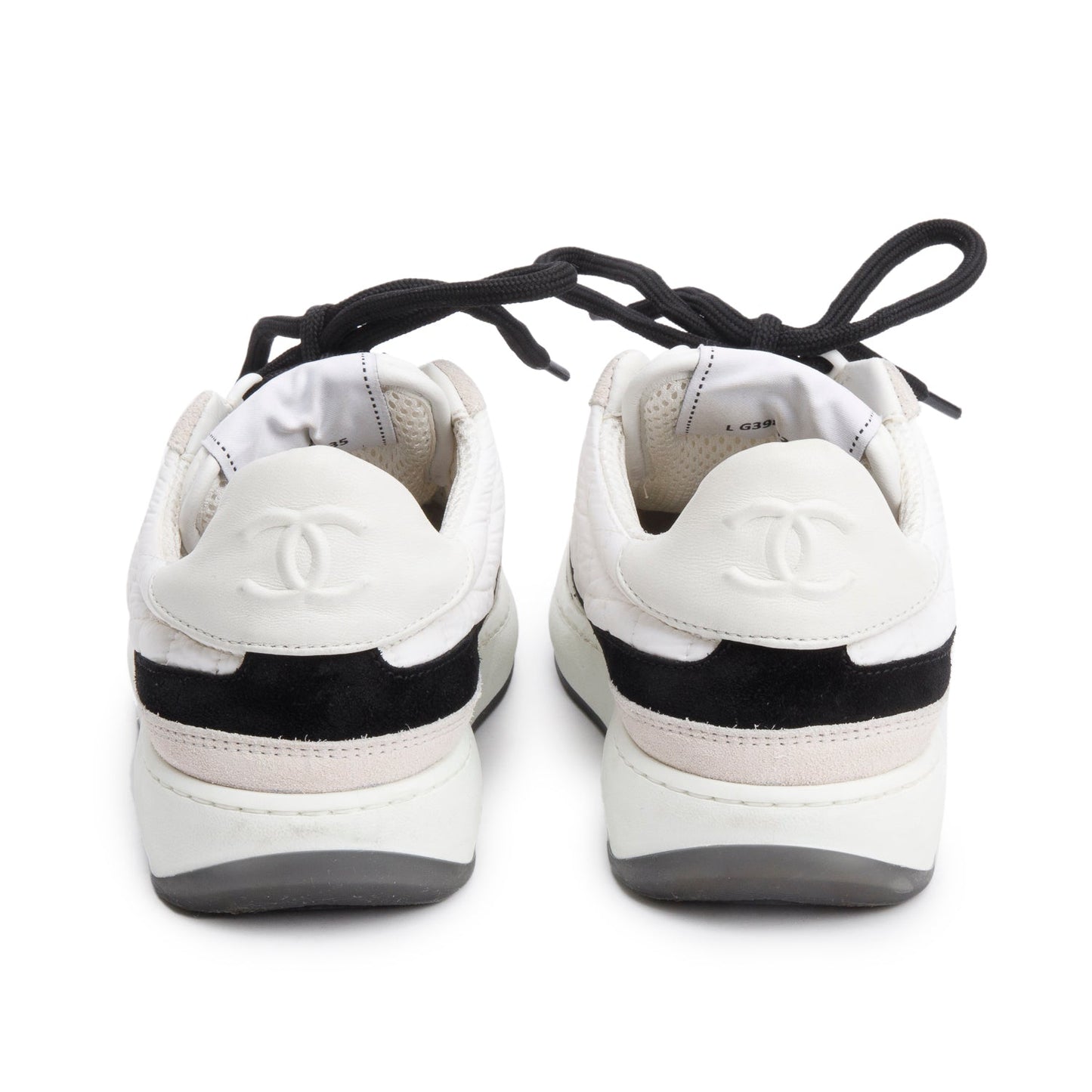 Chanel White Calfskin Nylon Black/Pink Suede CC Logo Tennis Sneakers, Size 35