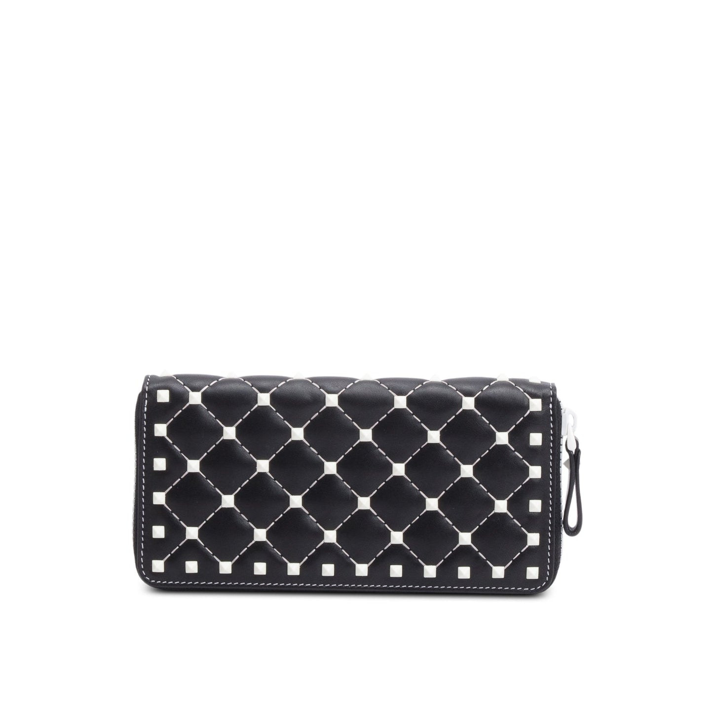 Valentino Black Calfskin Leather White Spike Rockstud Zippered Wallet