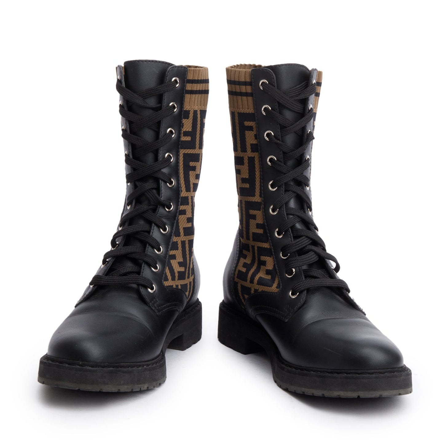 Fendi Brown FF Knit Black Leather Rockoko Combat Boots, Size 39.5