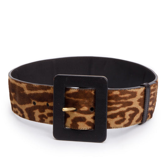 Saint Laurent Vintage Leopard Print Ponyhair Square Buckle Wide Belt 75 30
