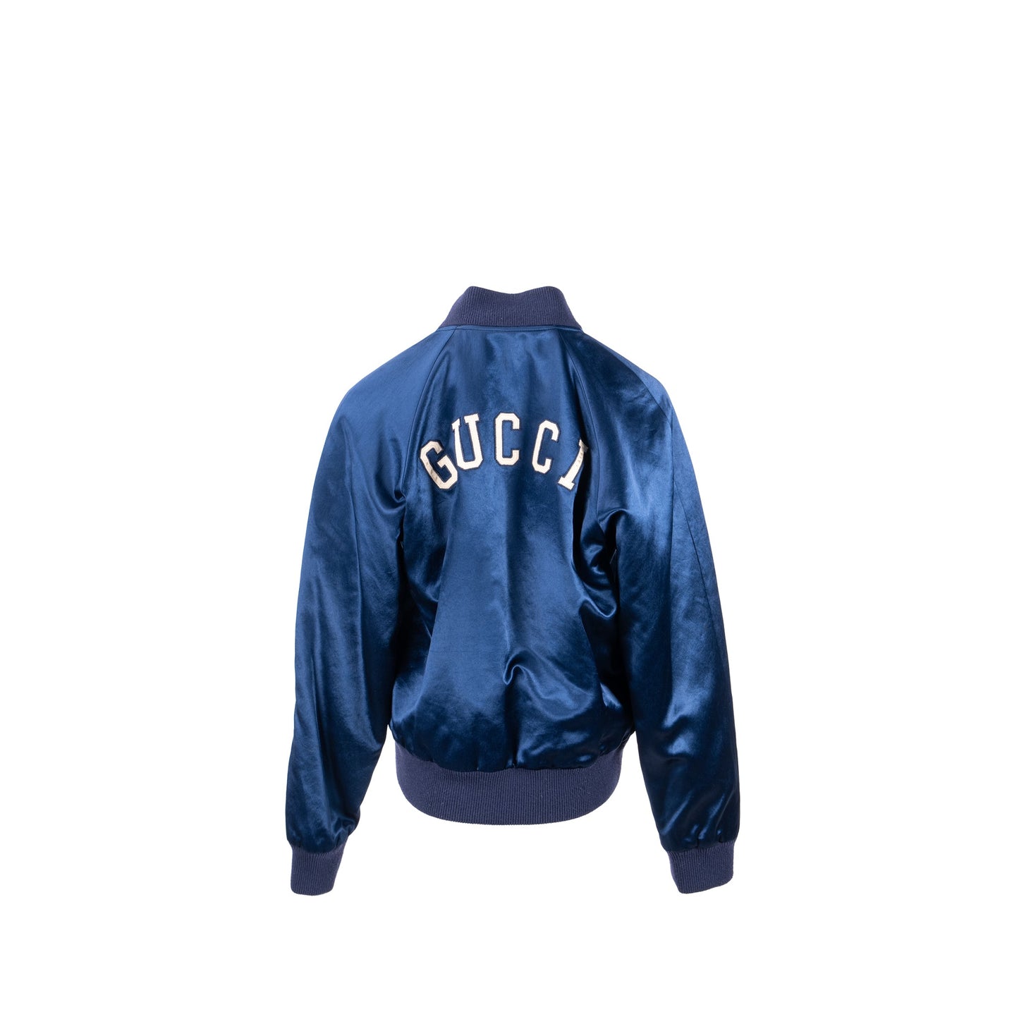 GUCCI Size 48 Yankees Bomber Jacket Satin Blue/White