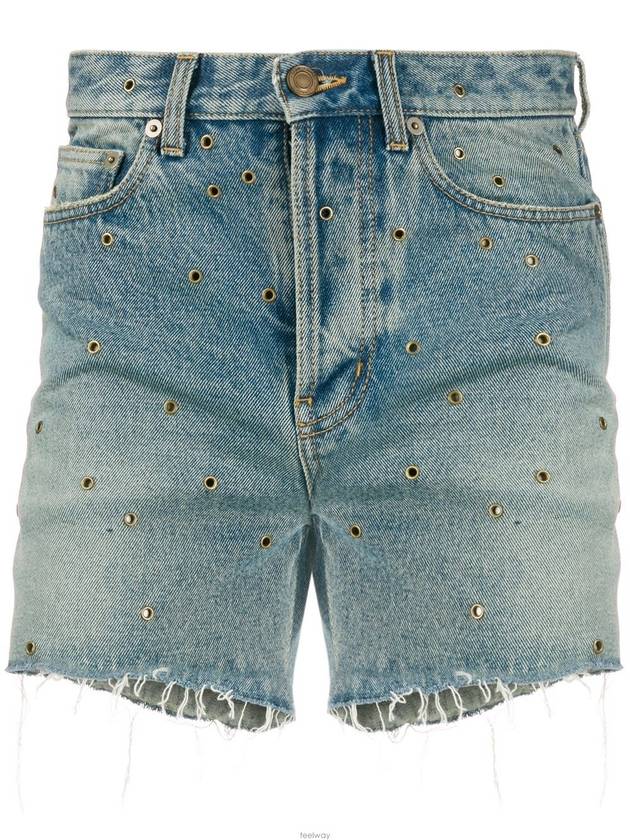 Luxury Saint Laurent Trending 2025 Eyelet Stud Cotton Denim Shorts Blue
