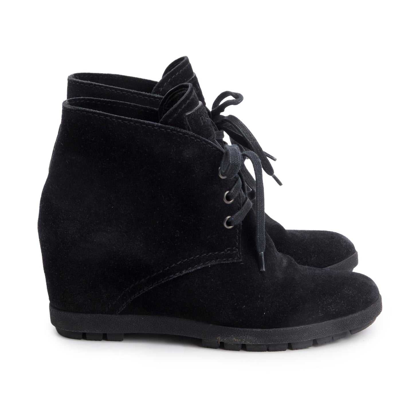 Prada Black Suede Wedge Lace-Up Ankle Boots, Size 35
