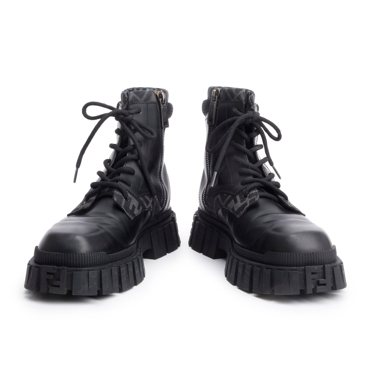 Fendi Black FF Canvas Black Leather Force Combat Boots, Men's Size 10