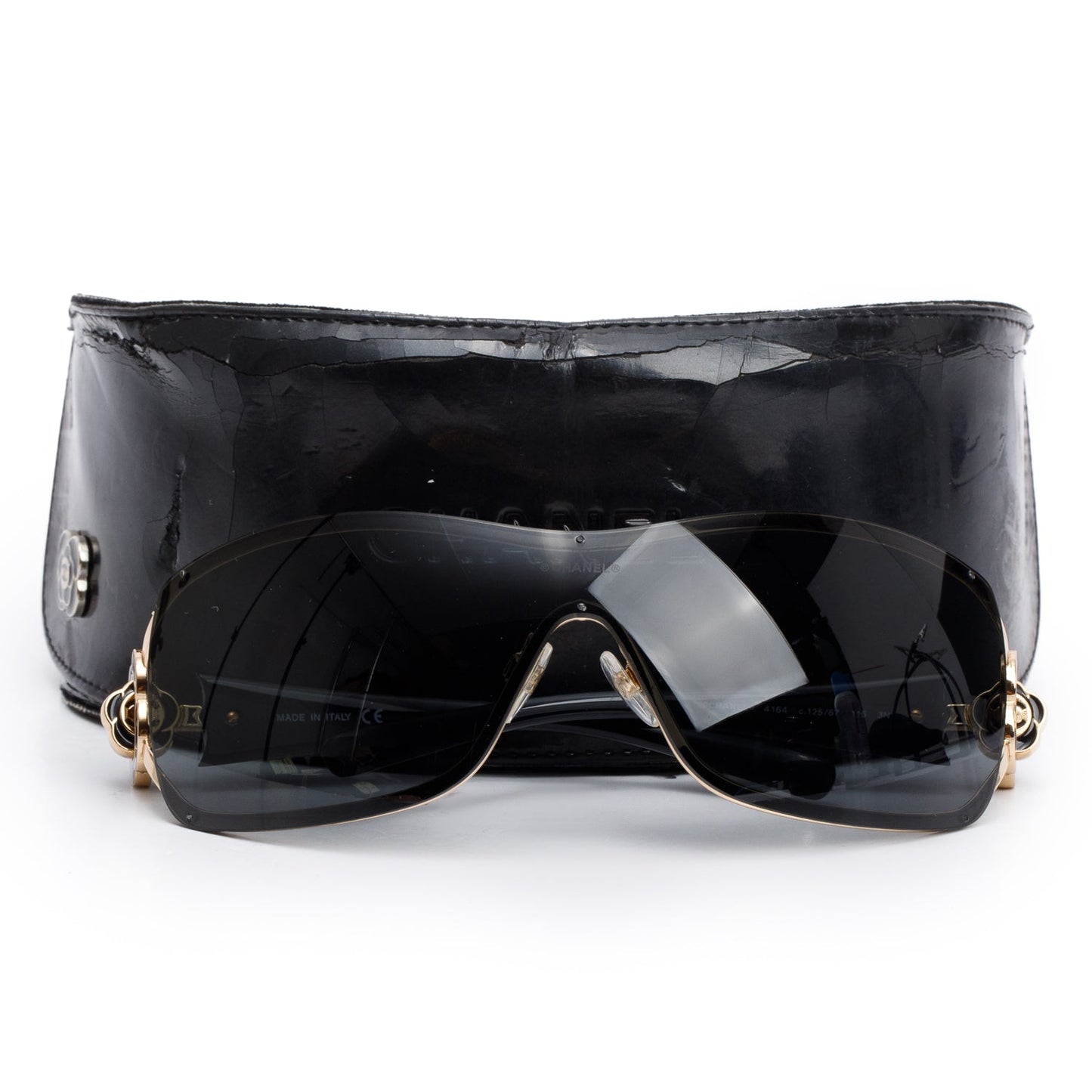 Chanel 4164 Black Acetate Enamel Camellia Shield Sunglasses