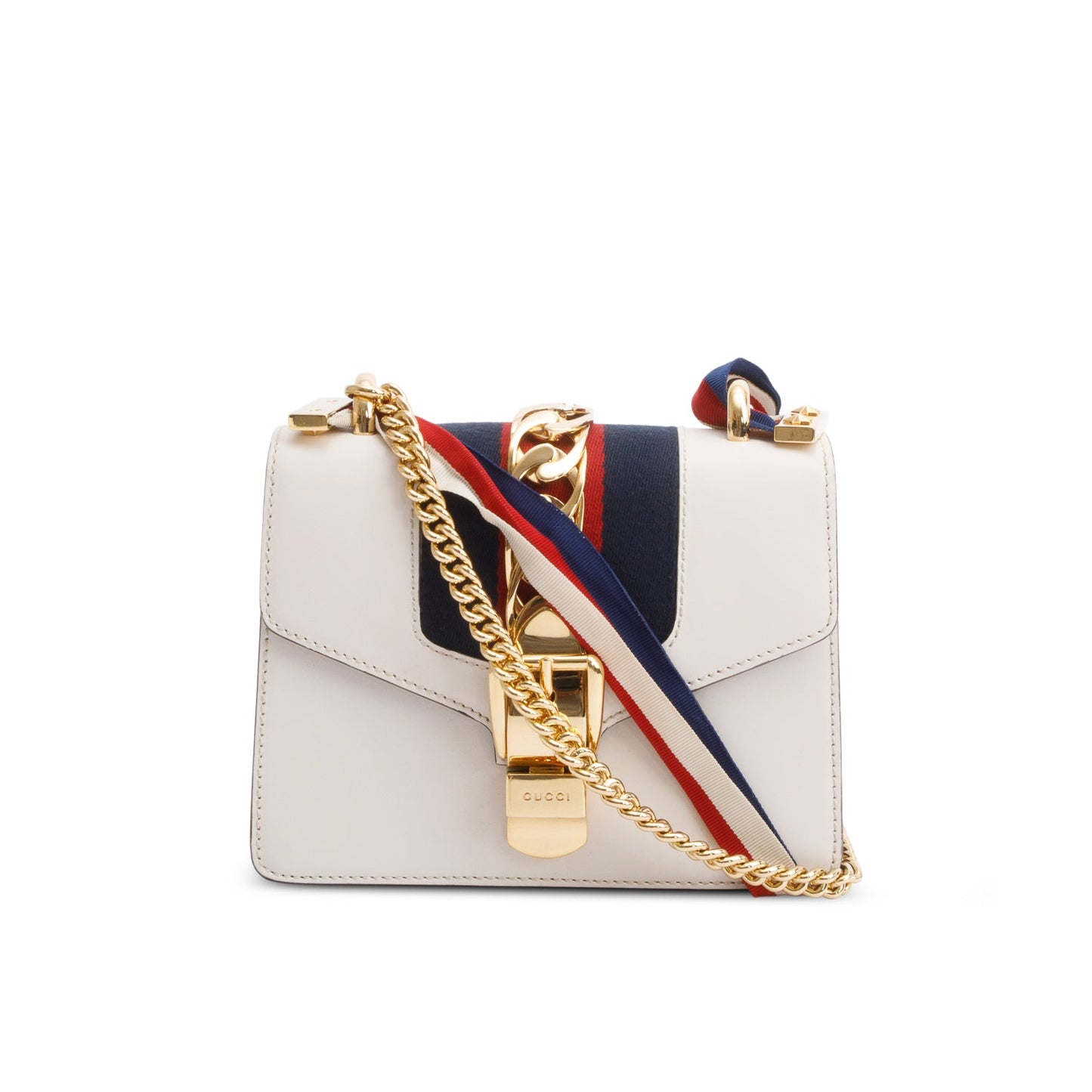Gucci White Calfskin Leather Web Mini Sylvie Chain Shoulder Bag