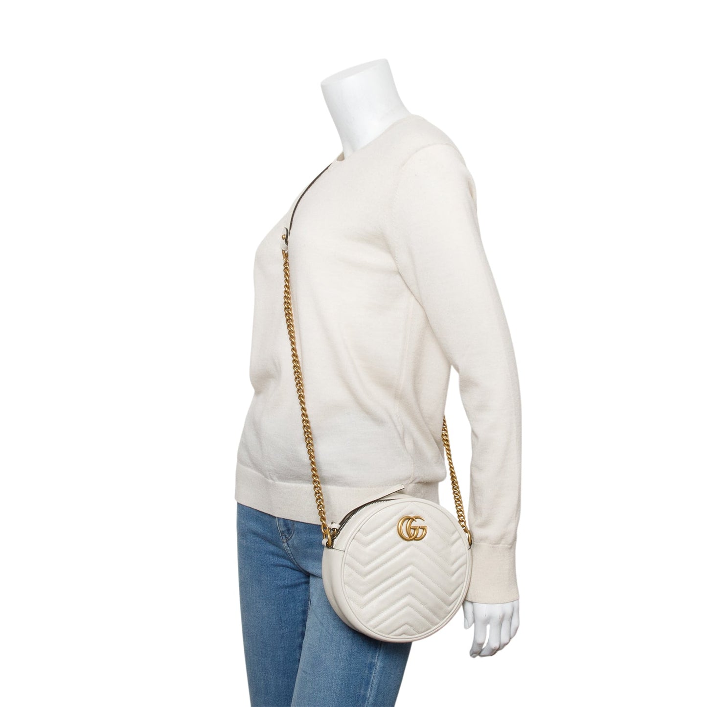 Gucci White GG Marmont Matelasse Leather Mini Round Shoulder Bag