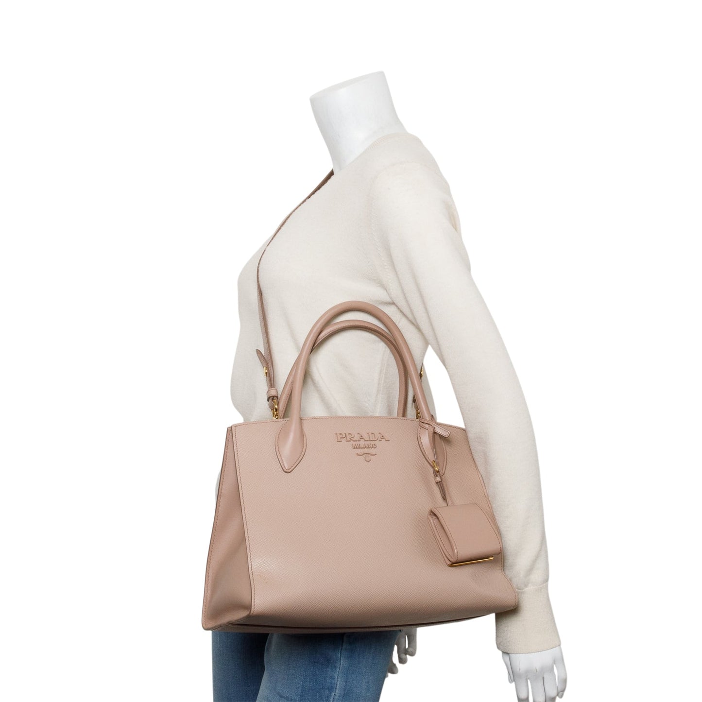 Prada Beige Saffiano Cuir Medium Monochrome Top Handle Tote