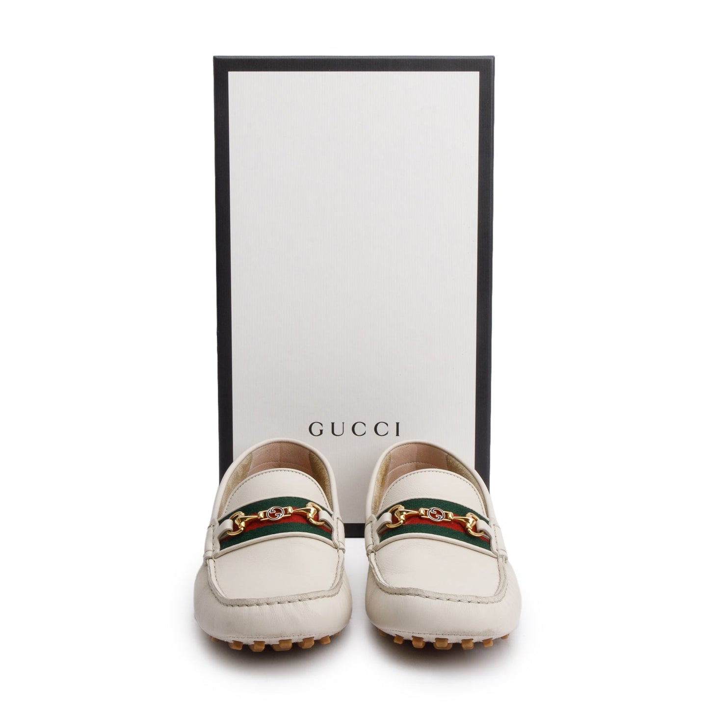 Gucci White Ayrton Horsebit Web Driving Loafers, Size 9