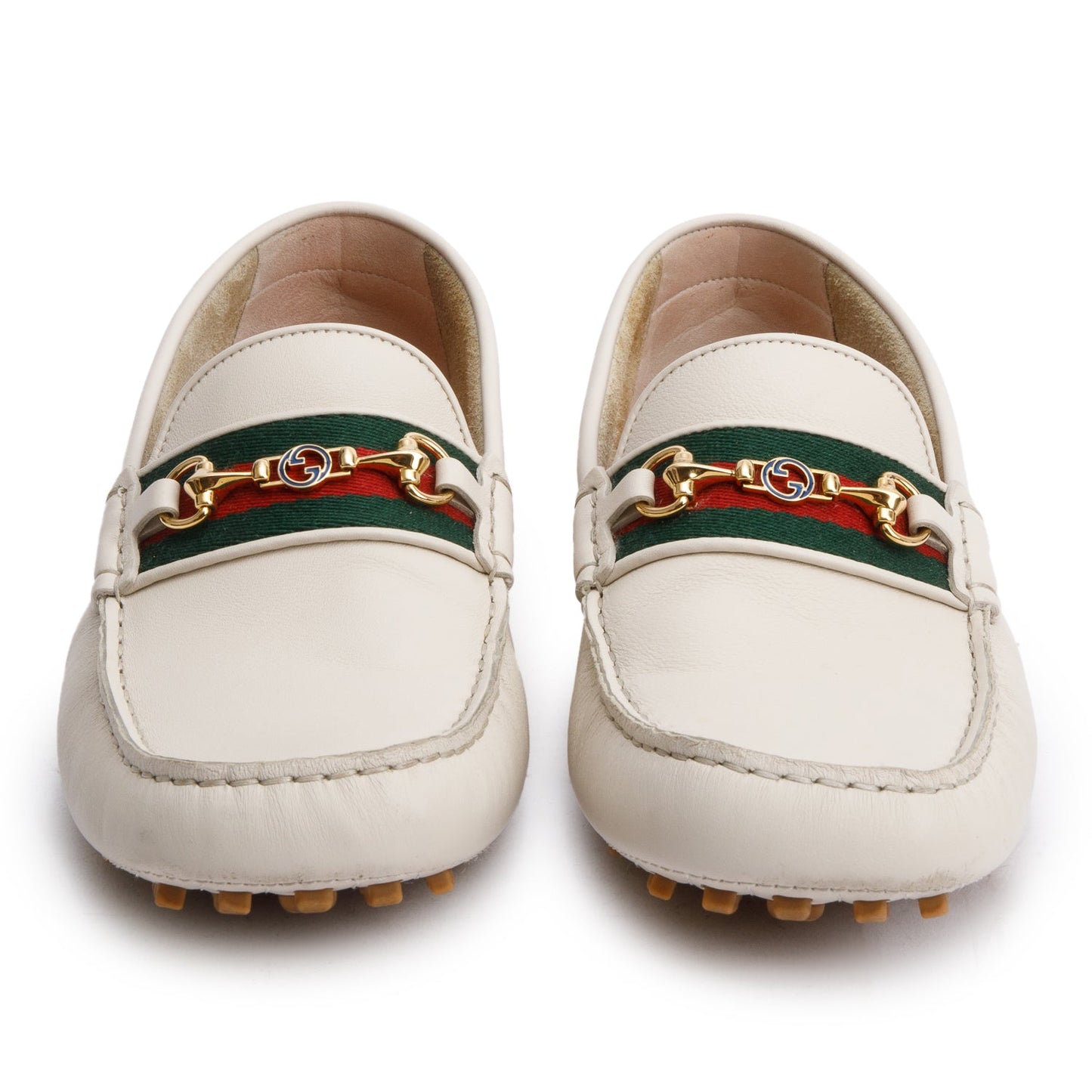 Gucci White Ayrton Horsebit Web Driving Loafers, Size 9