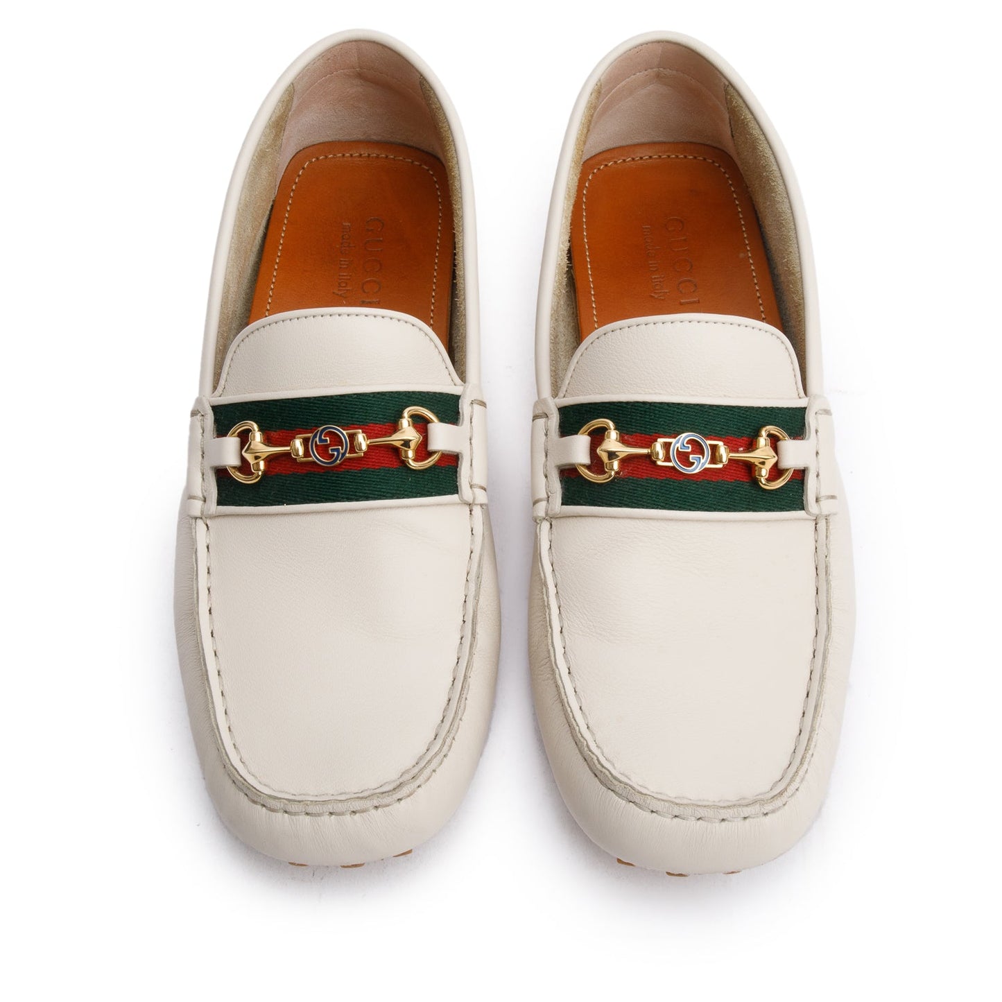 Gucci White Ayrton Horsebit Web Driving Loafers, Size 9